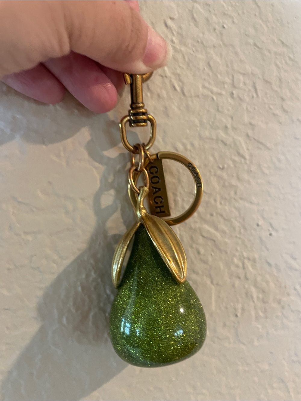 Coach Green Glitter Pear Charm Keyring with Gold Hardware